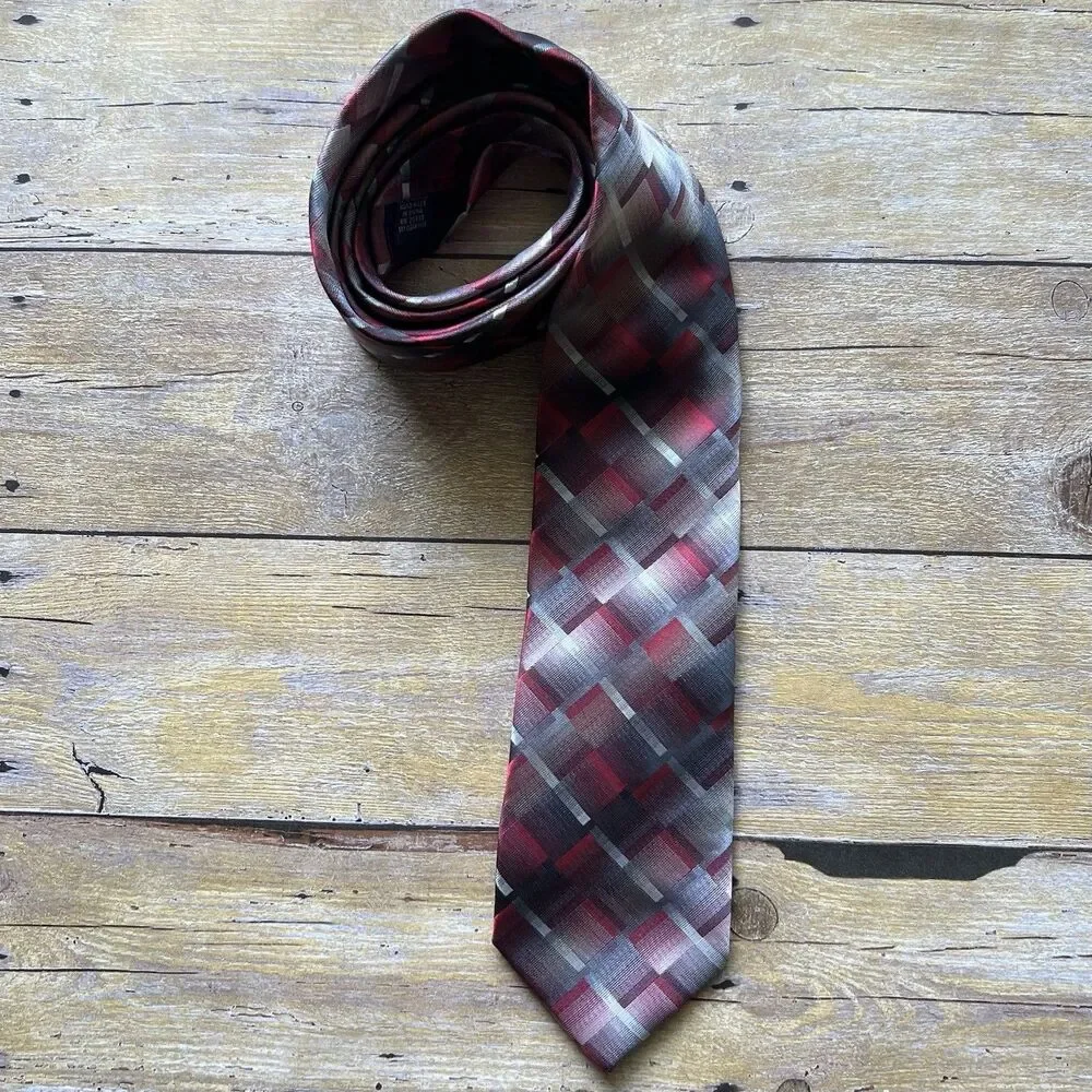 Pierre Cardin‎ Mens Geometric Plaid Tie Burgundy Grey Black Tie Chain Accessory